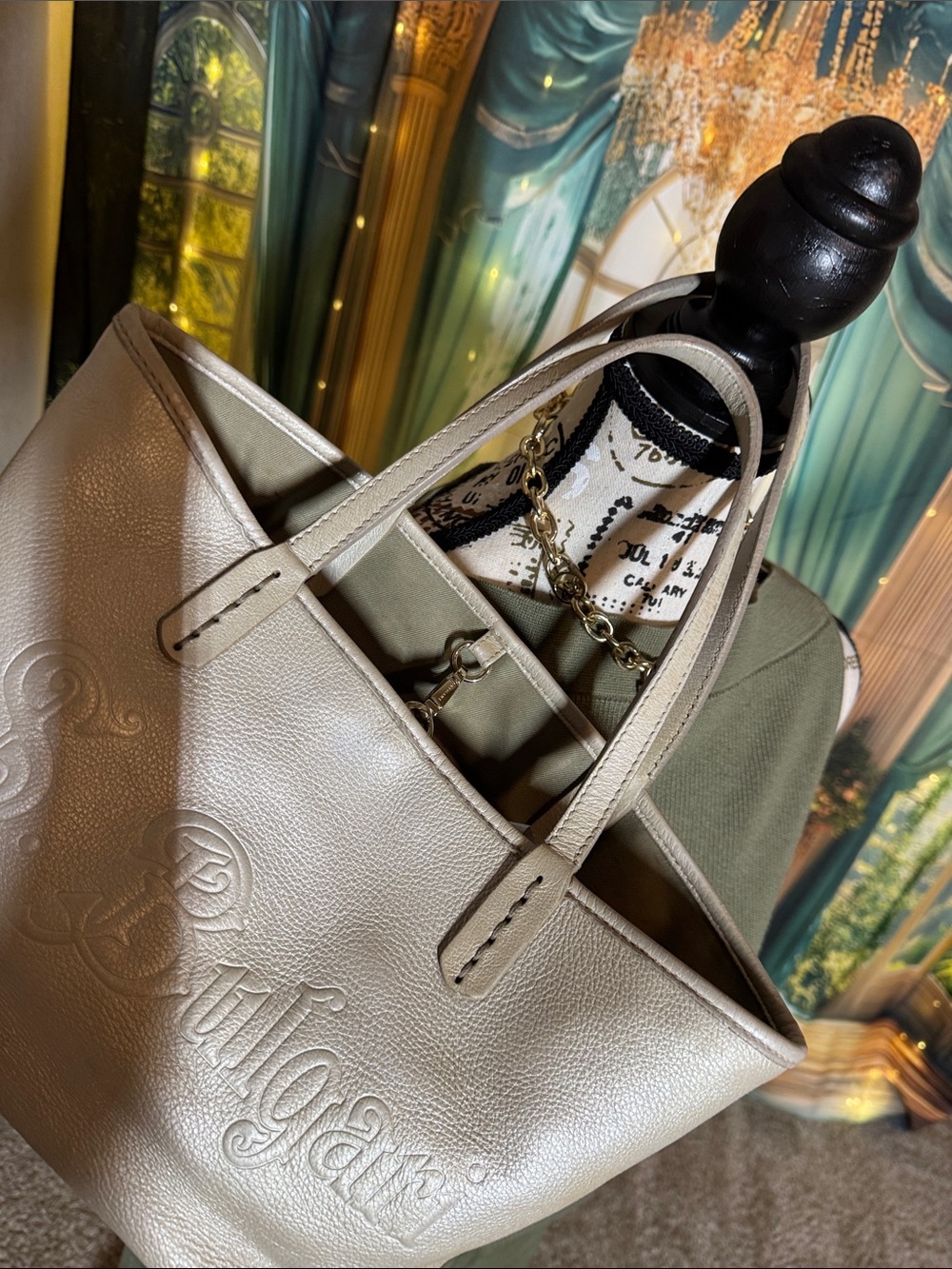 BVLGARI S.Bulgari Logo Leather Tote in Pearlescent Light Taupe/ Gray